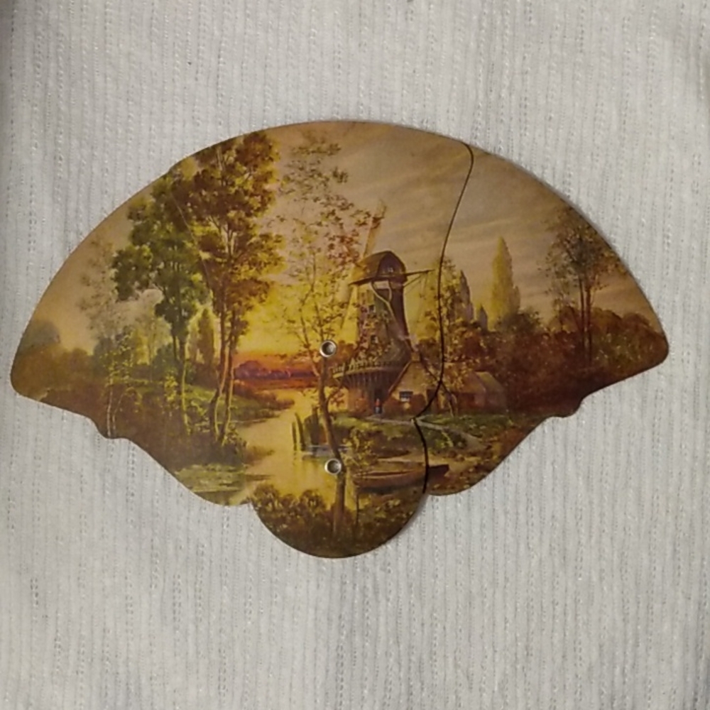 VINTAGE FOLDING FAN SCENIC COTTAGE WINDMILL WESTINGHOUSE ADVERTISING